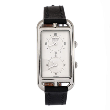 Hermes Nantucket Dual Time Quartz Watch Stainless Steel and Leather with Diamond Markers 22