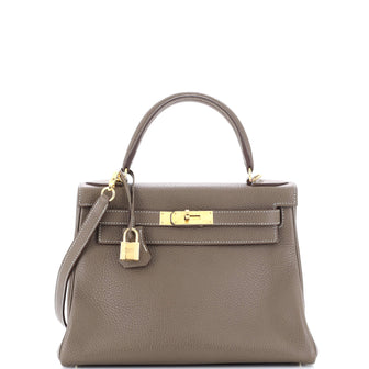 Hermes Kelly Handbag Grey Clemence with Gold Hardware 28