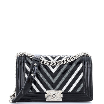 Chanel Boy Flap Bag Chevron Patent with Glitter PVC Old Medium