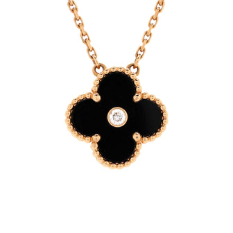 Van Cleef & Arpels Vintage Alhambra Pendant Necklace 18K Rose Gold and Onyx with Diamond