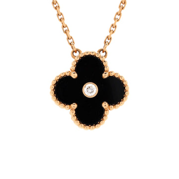 Van Cleef & Arpels Vintage Alhambra Pendant Necklace 18K Rose Gold and Onyx with Diamond