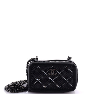 Chanel So Black Zip Around Vanity Clutch with Chain Strass Embellished Satin with Leather