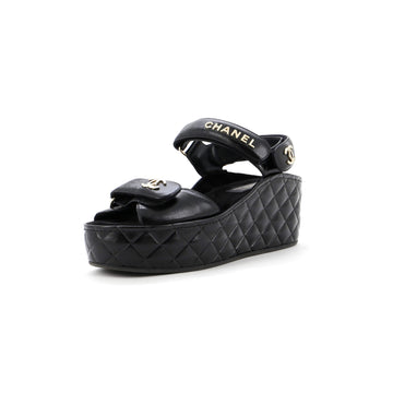 Chanel Women's Logo Velcro Strap Wedge Sandals Quilted Leather
