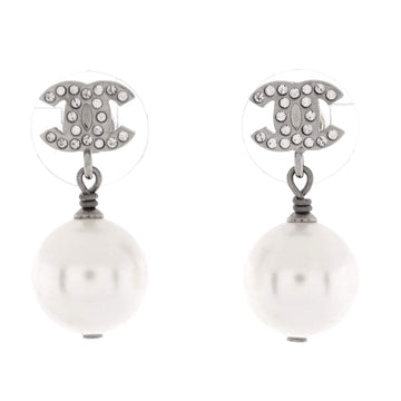 Chanel CC Dangle Earrings Crystal Embellished Metal with Faux Pearls