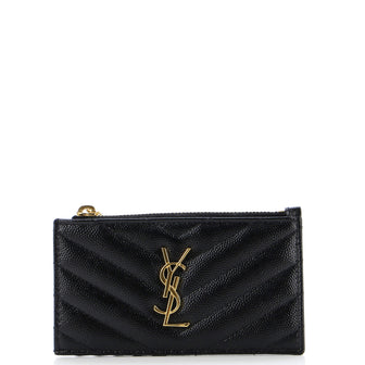 Saint Laurent Monogram Fragments Zip Card Holder Matelasse Chevron Leather