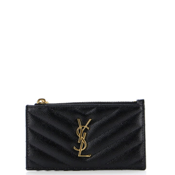 Saint Laurent Monogram Fragments Zip Card Holder Matelasse Chevron Leather