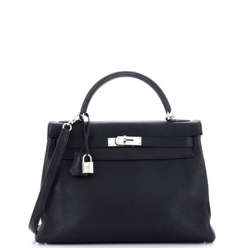 Hermes Kelly Handbag Black Clemence with Palladium Hardware 32