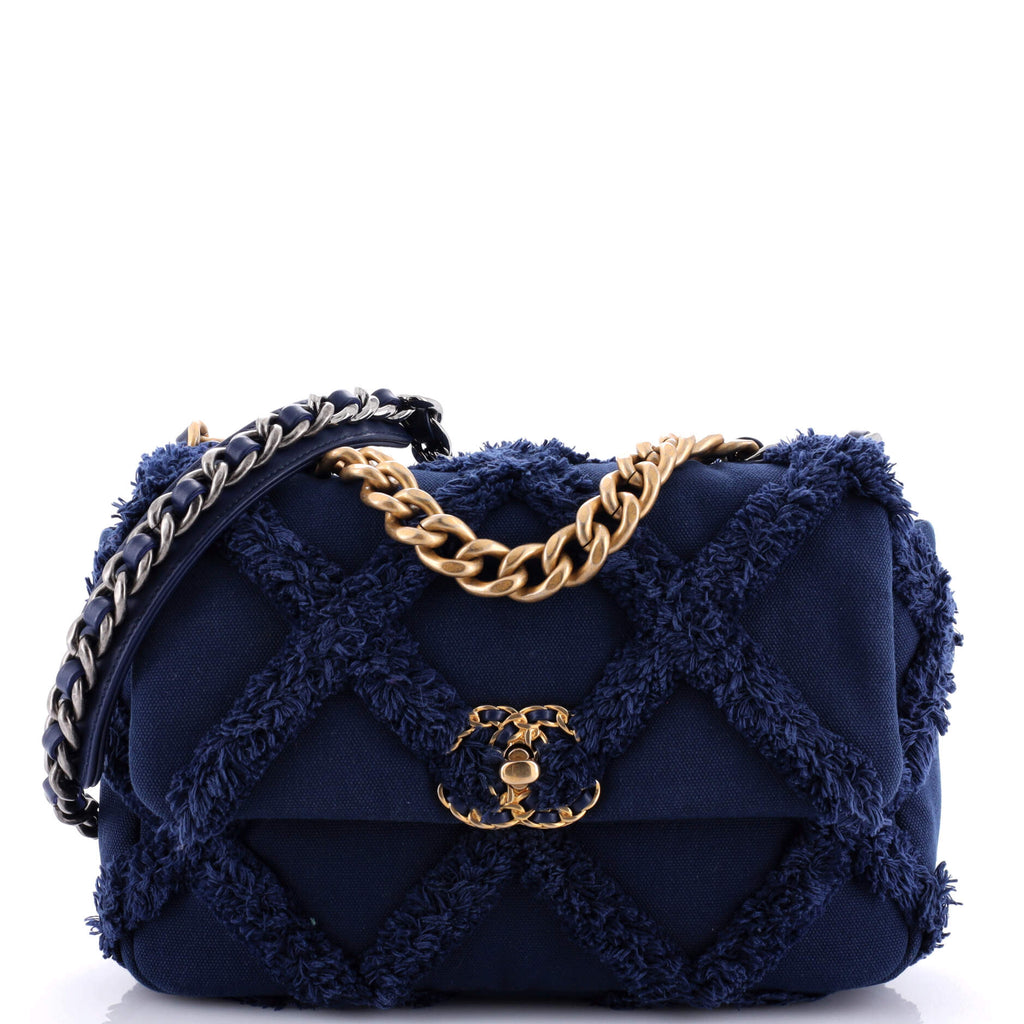 Chanel 19 Flap Bag Fringe Quilted Cotton Canvas Medium Blue 3046211