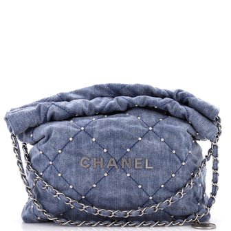 Chanel 22 Chain Hobo Quilted Studded Denim Small