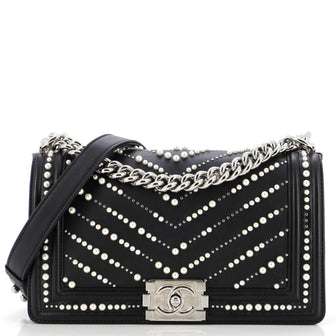 Chanel Boy Flap Bag Pearl Embellished Chevron Calfskin Old Medium