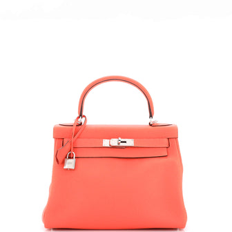 Hermes Kelly Handbag Red Clemence with Palladium Hardware 28