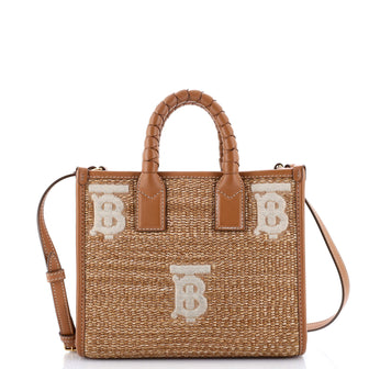Burberry Freya Shopping Tote Embroidered Raffia with Leather Mini