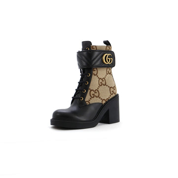 Gucci Women's GG Marmont Lace Up Ankle Boots Jumbo GG Canvas and Leather