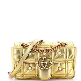 Gucci Pearly GG Marmont Flap Bag Embellished Matelasse Leather Small