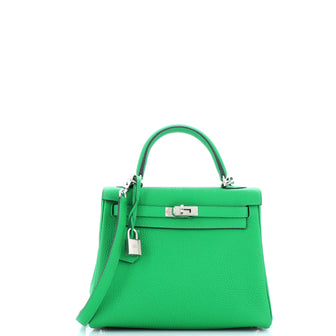 Hermes Kelly Handbag Green Togo with Palladium Hardware 25
