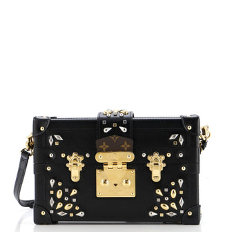 Louis Vuitton Petite Malle Handbag Studded Taiga Leather and Monogram Canvas