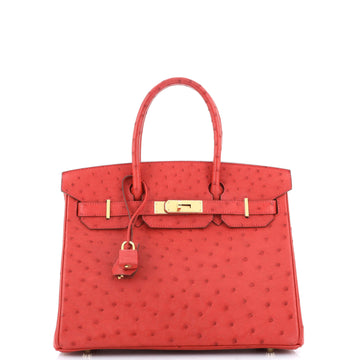Hermes Birkin Handbag Red Ostrich with Gold Hardware 30