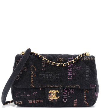 Chanel Denim Mood Flap Bag Logo Printed Quilted Denim Large