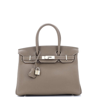 Hermes Birkin Handbag Grey Clemence with Palladium Hardware 30