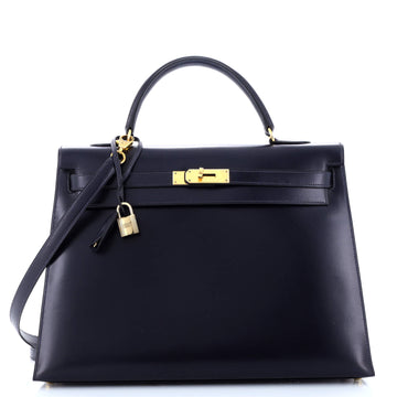 Hermes Kelly Handbag Blue Box Calf with Gold Hardware 35