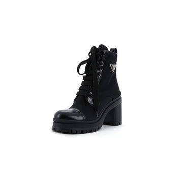 Prada Women's Triangle Logo Heeled Ankle Boots Nylon and Leather