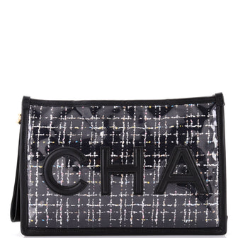 Chanel Logo Wristlet Clutch PVC Over Quilted Tweed Large