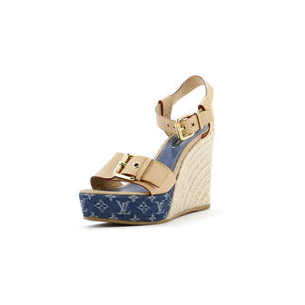 Louis Vuitton Women's Buckle Wedge Espadrilles Monogram Denim and Leather