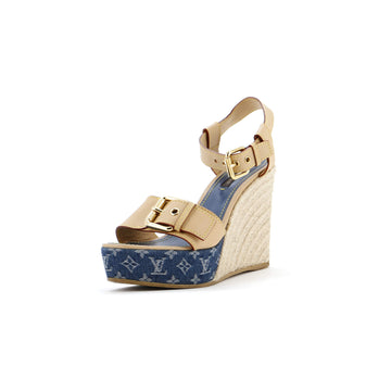 Louis Vuitton Women's Buckle Wedge Espadrilles Monogram Denim and Leather