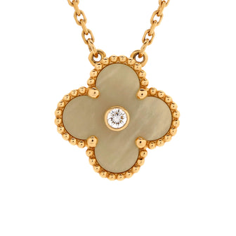 Van Cleef & Arpels Vintage Alhambra Pendant Necklace 18K Yellow Gold and Gold Mother of Pearl with Diamond