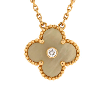 Van Cleef & Arpels Vintage Alhambra Pendant Necklace 18K Yellow Gold and Gold Mother of Pearl with Diamond