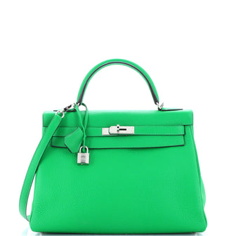 Hermes Kelly Handbag Green Clemence with Palladium Hardware 32