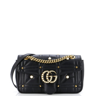 Gucci Pearly GG Marmont Flap Bag Embellished Matelasse Leather Small
