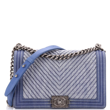 Chanel Boy Flap Bag Chevron Denim New Medium