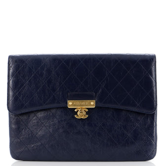 Chanel Logo Plate Clutch Quilted Goatskin Large