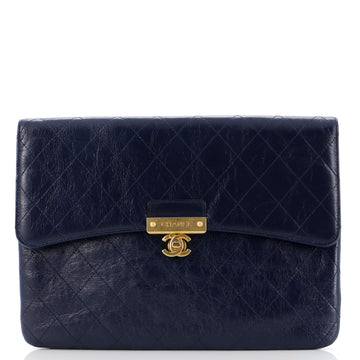 Chanel Logo Plate Clutch Quilted Goatskin Large