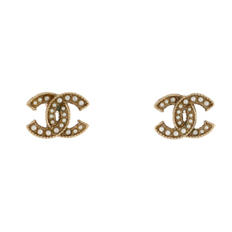 Chanel CC Stud Earrings Metal with Faux Pearls
