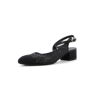 Chanel Women's CC Cap Toe Ankle Strap Slingback Pumps Glitter Leather with Grosgrain