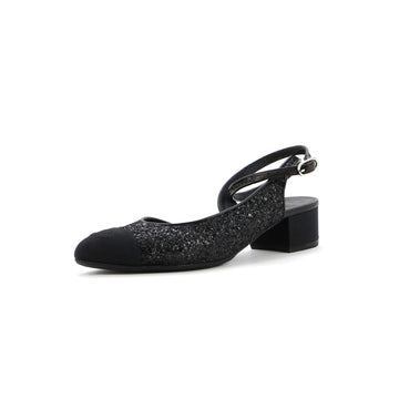 Chanel Women's CC Cap Toe Ankle Strap Slingback Pumps Glitter Leather with Grosgrain