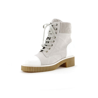 Chanel Women's Cap Toe Lace Up Boots Quilted Suede with Leather and Velvet