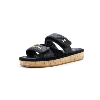 Chanel Women's Cord Velcro Mule Sandals Quilted Leather
