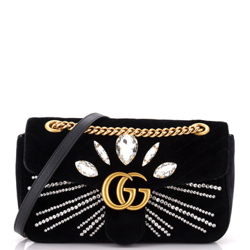 Gucci GG Marmont Flap Bag Crystal Embellished Matelasse Velvet Medium
