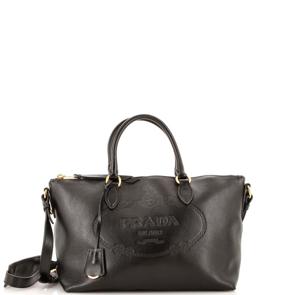 Prada Embossed Logo Convertible Tote Glace Calf Small Black 30631076