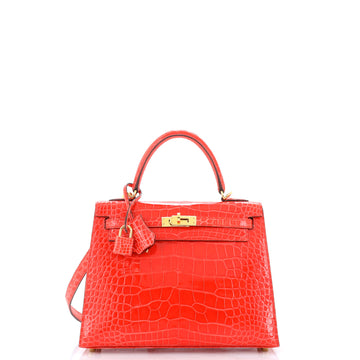 Hermes Kelly Handbag Red Shiny Alligator with Gold Hardware 25