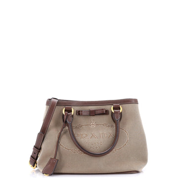 Prada Logo Convertible Zip Tote Canvas with Leather Small