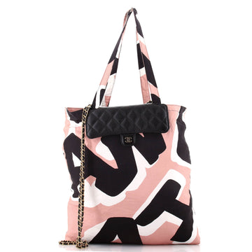 Chanel Foldable Tote Bag with Chain Quilted Caviar with Printed Nylon