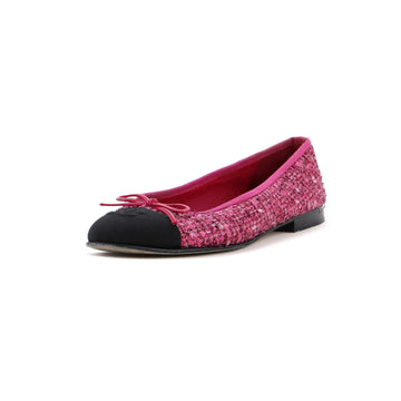 Chanel Women's CC Cap Toe Bow Ballerina Flats Tweed with Grosgrain