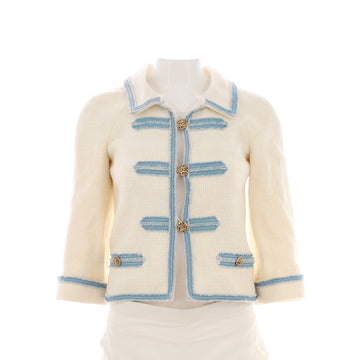 Chanel Women's Denim Trim Cropped Sleeve Button Up Jacket Tweed