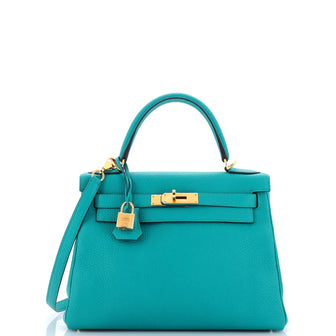Hermes Kelly Handbag Blue Clemence with Gold Hardware 28