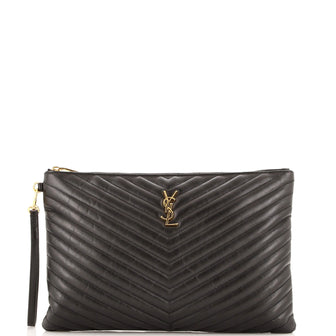 Saint Laurent Classic Monogram Wristlet Pouch Matelasse Chevron Leather Large
