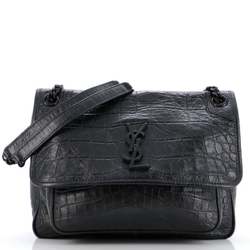 Saint Laurent Niki Chain Flap Bag Crocodile Embossed Patent Medium